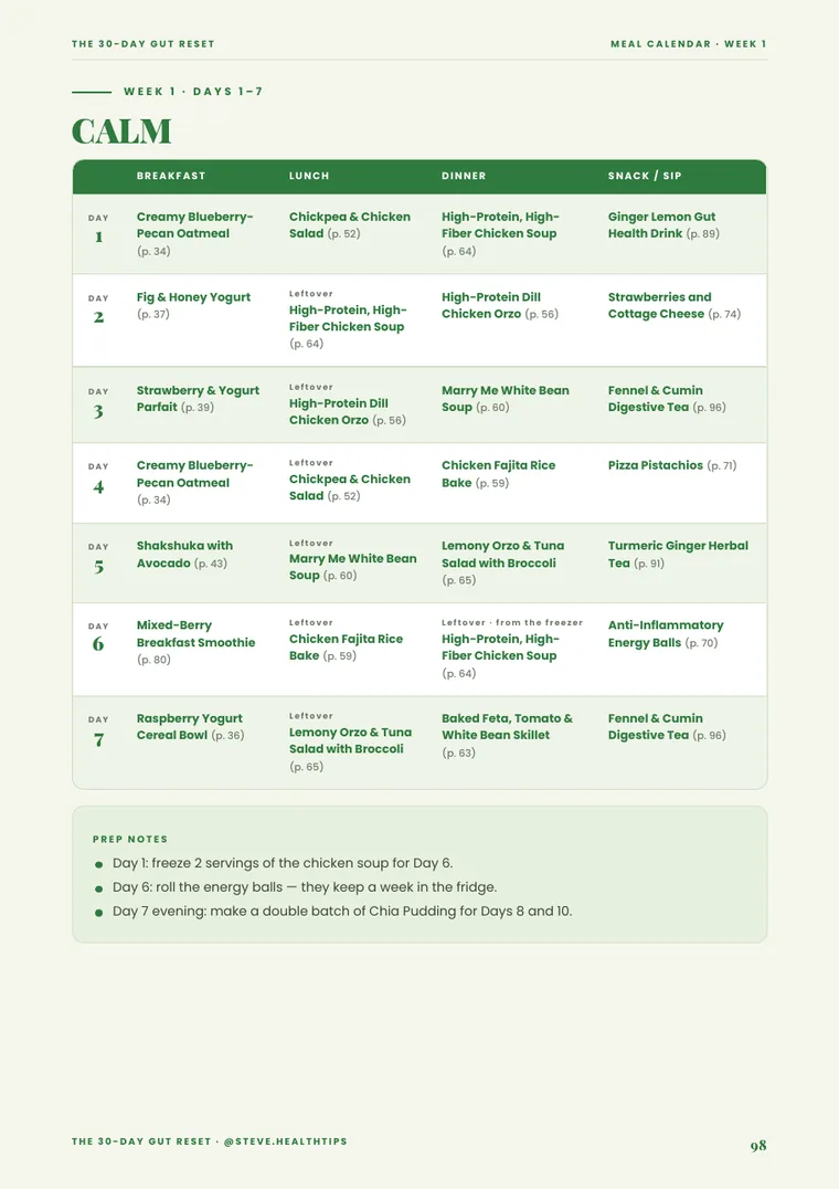 Sample meal calendar page
