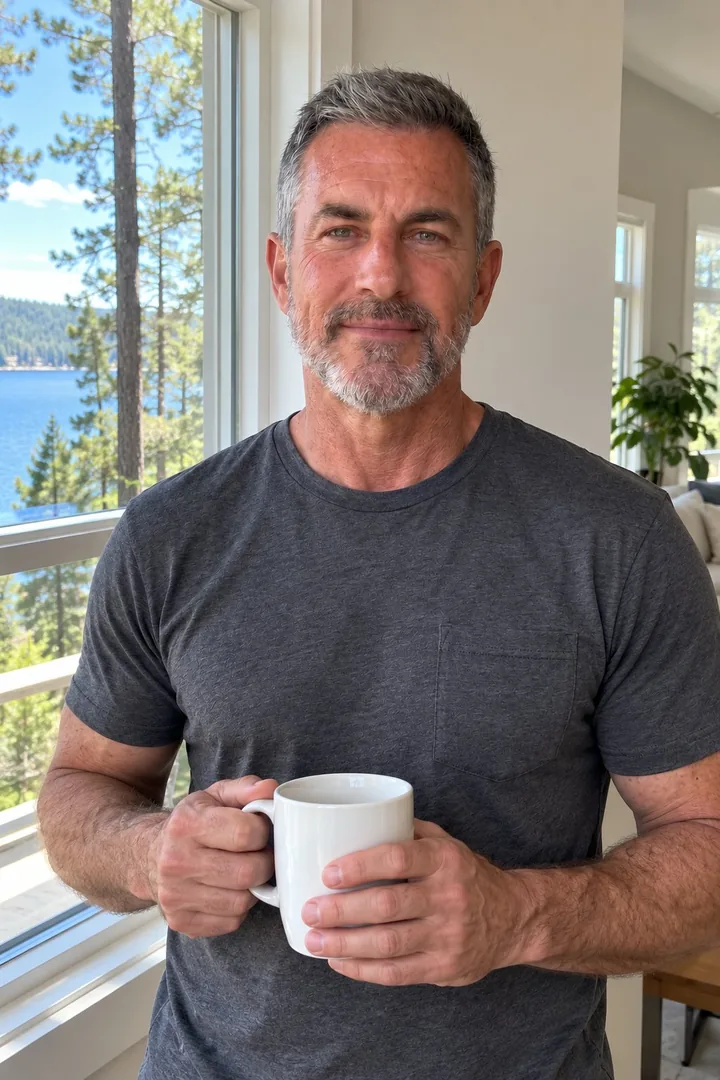 Steve Rowan holding a coffee mug by a bright window