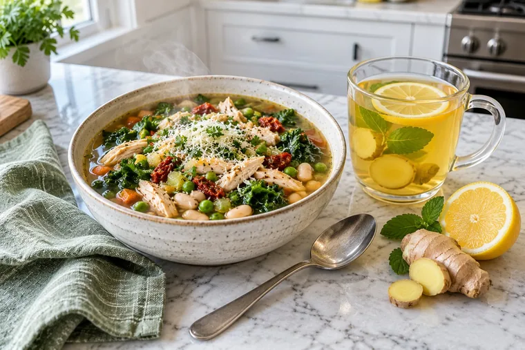 Chicken soup with white beans and kale next to ginger lemon tea