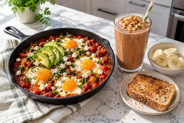 Shakshuka with avocado and a protein smoothie