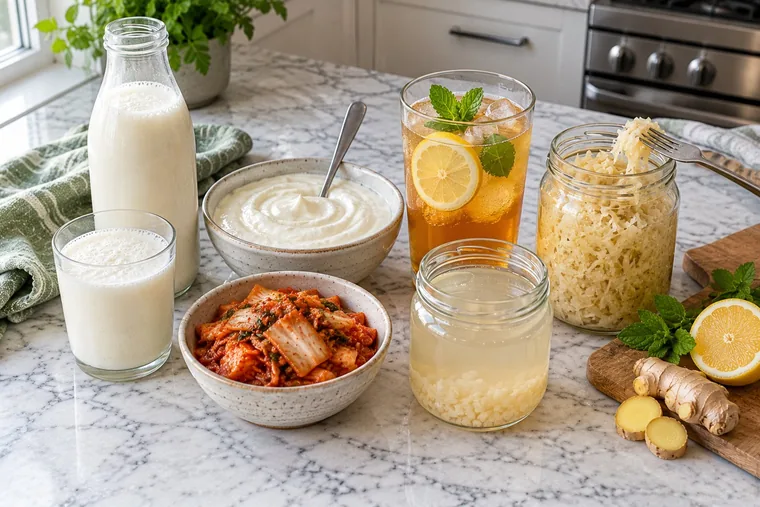 Kefir, yogurt, kombucha, sauerkraut and kimchi on a counter